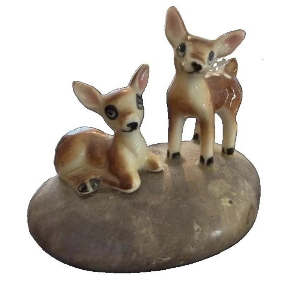 VTG Porcelain Fawn Deer Figurine on Polished Stone Base Miniature Woodland Decor